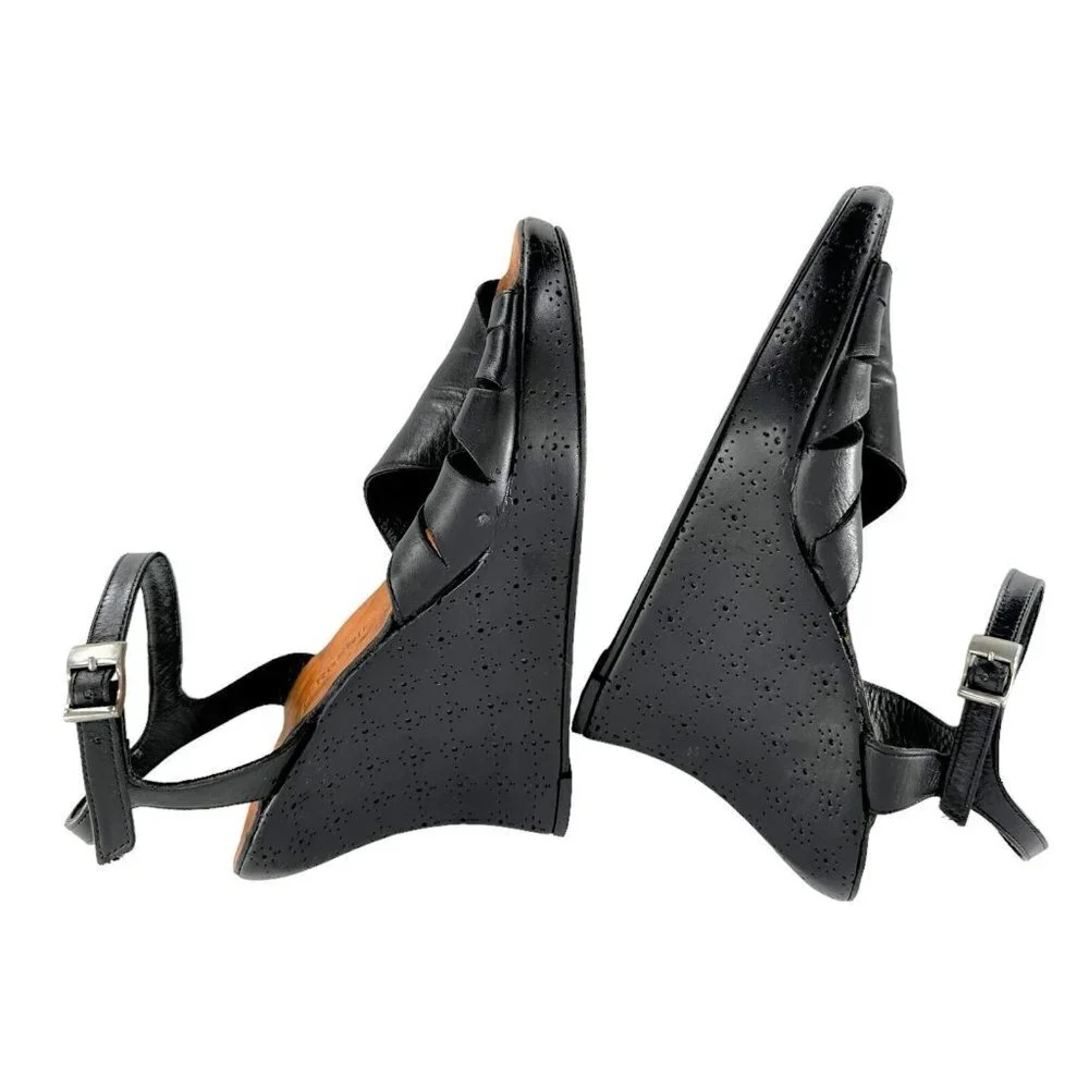 Robert Clergerie Black Leather Ankle Strap Peep Toe Wedge Heels Size 6.5